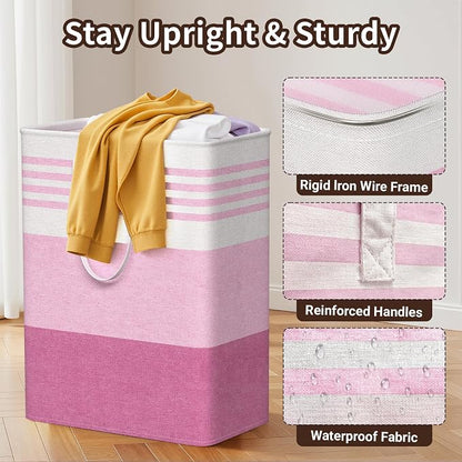 WOWBOX 2 Pack Laundry Baskets, Laundry Hampers, Freestanding Dirty Clothes Hampers with Reinforced Handles & Cross Stitch & Waterproof Coating, for Laundry Bedroom Bathroom Dorm,125L Pink