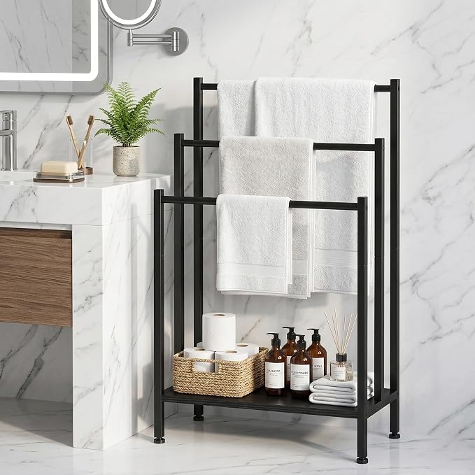 Freestanding Towel Rack, 3 Tier Metal Standing Towel Rack with Wooden Shelf, Blanket Holder and Bath Towel Drying Rack for Bathroom, Black