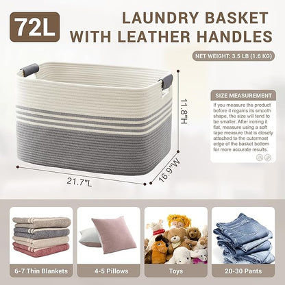 SunNewt 72L Large Laundry Basket with Leather Handles for Living Room Storage, Woven Rope Baskets Bin for Blanket, Kids Toy, Gifts, Wicker Hamper for Bedroom Dirty Clothes, 22"x17"x12" White Grey