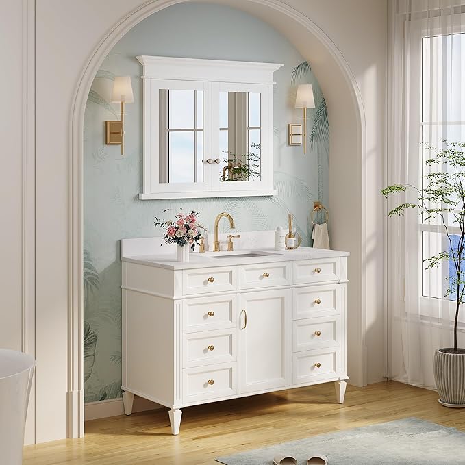 WELLFOR40 x 32" Bathroom Medicine Cabinet with 3-Tier Adjustable Shelves, Recessed Solid Wood Medicine Cabinet with Mirrors, Wood Miiror Cabinet with 2 Soft-Close Door and Open/Built-in 6 Shelves