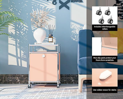 Simplink Matte Storage Cart with Flap Door, Large Capacity Storage Cart with Detachable Wheels, DIY Modern Home Furnishing, Great for Home, Office, Bedroom, Kitchen (Matt Pink)
