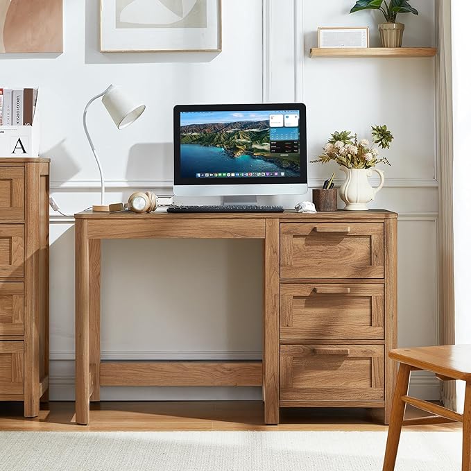48'' Farmhouse Executive Desk with Storage, Wooden Home Office Desk with Drawer and Vintage Handle, Large Computer Writing Desk for Study, Bedroom, Living Room （Dark Wood）