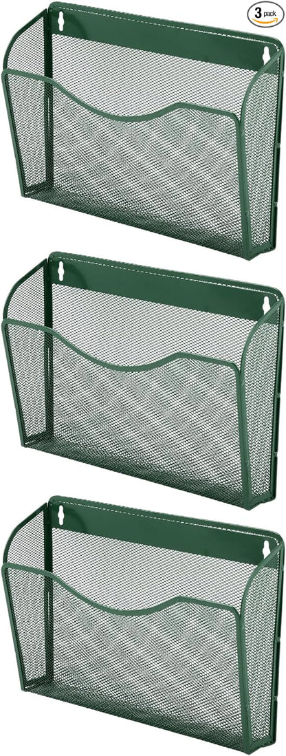 EASEPRES 3 Single Pocket Mesh Hanging File Organizer, Vertical Wall Mounted Magazine File Holder, Mount Basket Mail Paper Document Folder Organizing for Office, Home and School, Dark Green