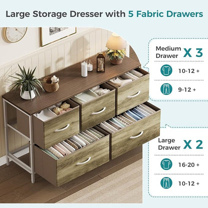 OLIXIS Dresser for Bedroom with 5 Drawers, Wide Chest of Drawers, Fabric Bedroom Dresser with Drawer Organizer, Storage Organizer Unit with Fabric Bins for Closet, Living Room, Hallway, Greige Oak