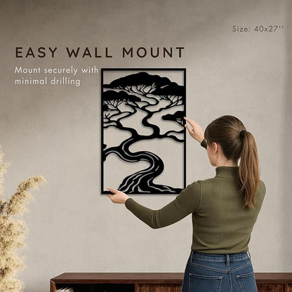 Bonsai Tree Metal Wall Art, Zen Nature Inspired Outdoor & Indoor Decor, Modern Framed Garden Wall Sculpture for Patio, Balcony, Living Room or Entryway (40×27 inches)