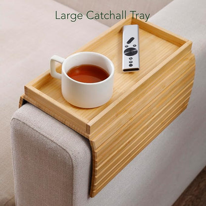 DETOR Couch Tray with Spacious 12.4" x 5.4" Storage Box, Natrual Bamboo Finish, Enhanced Non-Slip Felt Bottom, Sturdy Bamboo Slats, Fits Armrests 6" and Wider