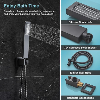 Matte Black Shower Head and Handle Set 8 Inch, Rain Shower Head with 2 Hooks, Luxury Rain Shower Set Square Wall Mount for Bathroom with Rain Shower and Handheld Shower System