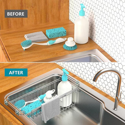 FavoThings Over The Kitchen Sink Caddy Sponge Holder Organizer Drying Rack Expandable for Sponge Brush Soap Dish Cloth Rag 14.5" to 22", Stainless Steel
