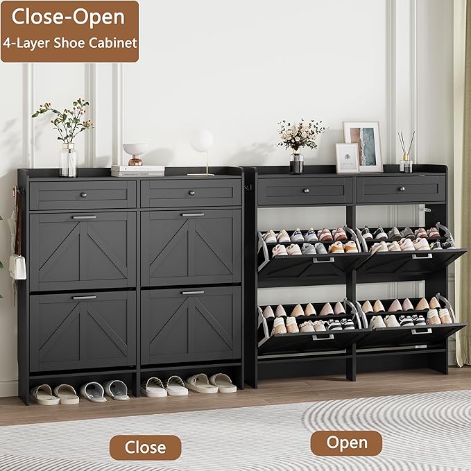 Shoe Cabinet with 4 Flip Drawers & 2 Top Drawers, 43" Tall Freestanding Narrow Wooden Shoe Storage Organizer for Entryway, Hidden Slim Shoe Rack for Front Door Entrance, Hallway, Living Room, Black