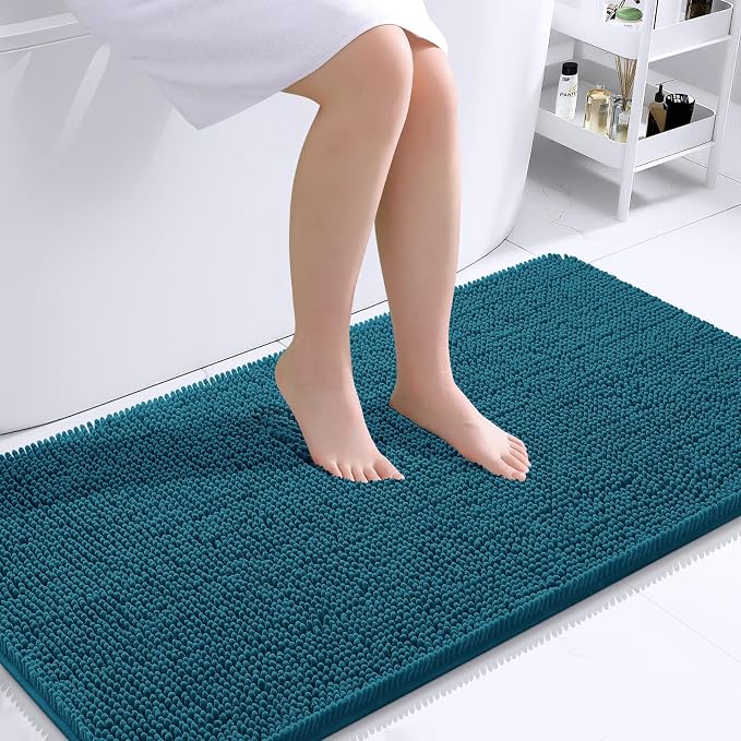 OLANLY Large Bathroom Rugs 40x24, Extra Soft Absorbent Chenille Bath Rugs, Rubber Backing Quick Dry, Machine Washable Bath Mats for Bathroom Floor, Tub and Shower, Home Decor Accessories, Peacock Blue