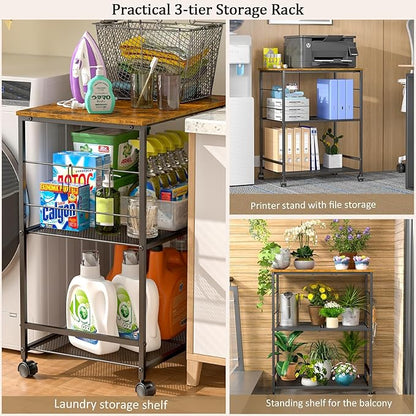 ThreeHio Rolling Kitchen Microwave Cart, 3 Tier Microwave Table Stand with Storage, Kitchen Utility Cart on Lockable Wheels, Small Coffee Cart Shelf Rack Organizer for Living Room Office, Balcony