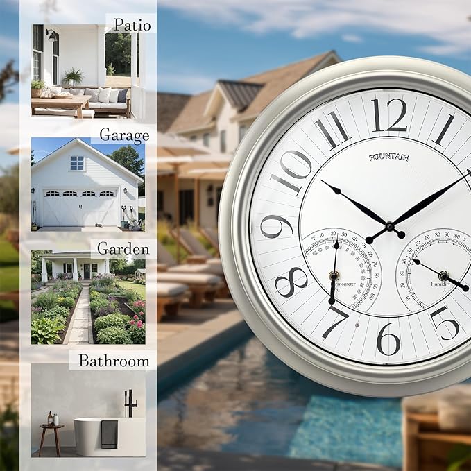 18" Illuminated in/Outdoor Clock with Smart Sensor and Night Light, Waterproof, Large Wall Clock with Thermometer & Hygrometer, for Garden,Pool and Patio Decor (Morning Silver)