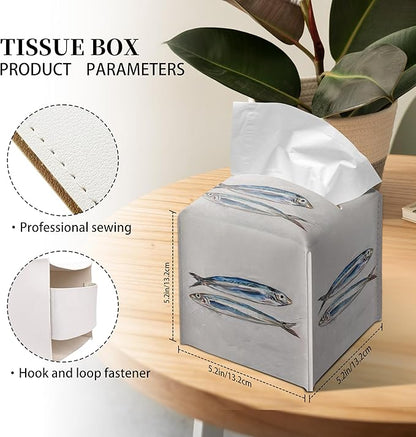 Grace Yonks Coastal Tissue Box Cover Square - Blue Sardines Painting Design 5.2" PU Leather Holder for Vanity, Desk, or Bathroom Counter - Cube Case for Facial Tissues. (111)
