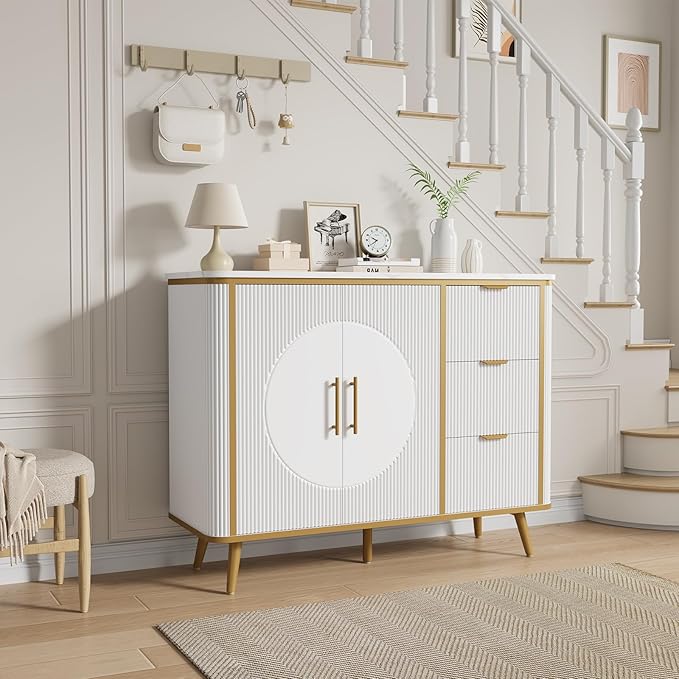 47.3" Modern Buffet Cabinet with Storage, Kitchen Sideboard Buffet with 2 Door & 3 Drawers, Fluted Caffee Bar Storage Cabinet for Dining Room, Living Room, Entryway, White