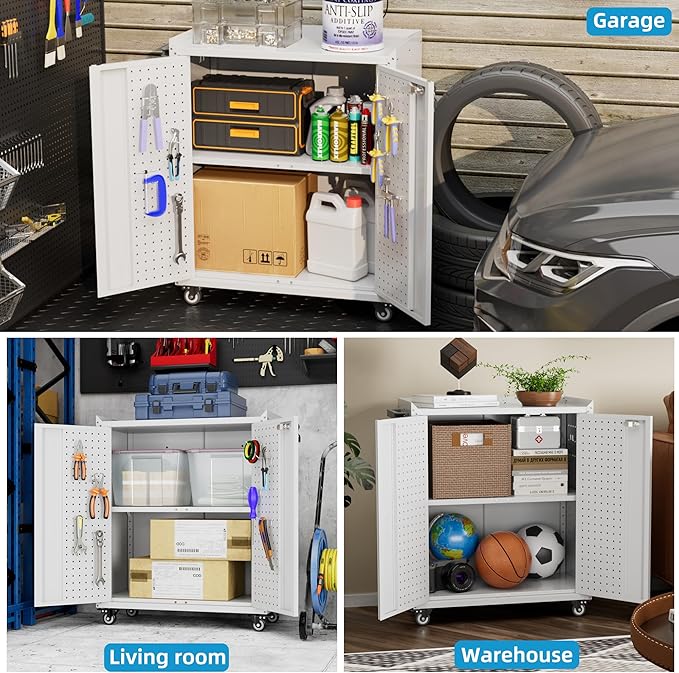 Garage Storage Cabinet with Wheels & Pegboard, 34.3" H Locking Metal Storage Cabinet with Doors and Shelf & 4 Hooks for Garage, Home, Workshops, Small Tool Cabinets, Assembly Required, White