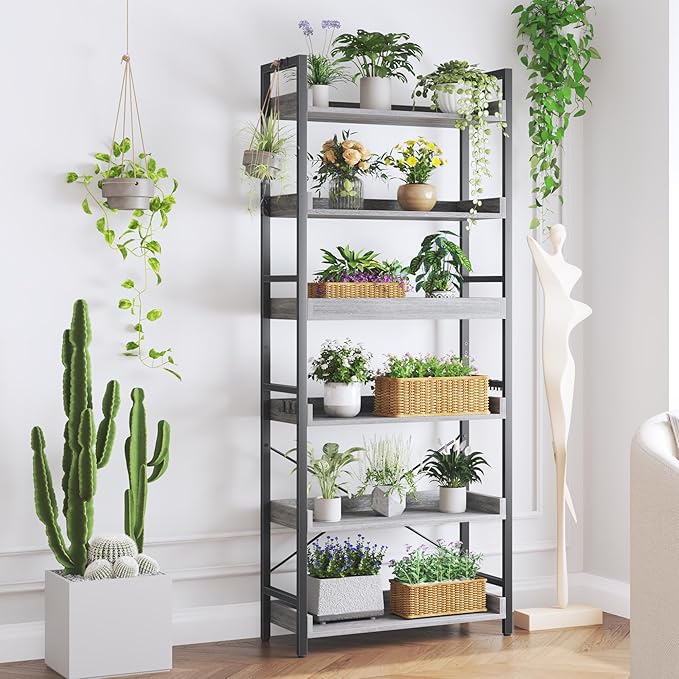 HCHQHS 6 Tier Bookshelf, Adjustable Industrial Bookcase, Vertical Tall Book Shelf, Wood and Black Metal Open Bookshelves for Home Office, Living Room, Bedroom