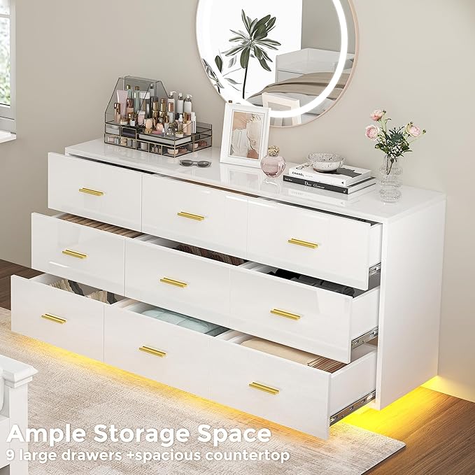 9 Drawer Dresser for Bedroom, 55'' W Highly Reflective Modern Chest of Drawers with LED Light, Wooden Dresser Organizer Cabinet for Living Room, Entryway (White)