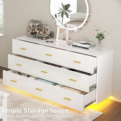 9 Drawer Dresser for Bedroom, 55'' W Highly Reflective Modern Chest of Drawers with LED Light, Wooden Dresser Organizer Cabinet for Living Room, Entryway (White)