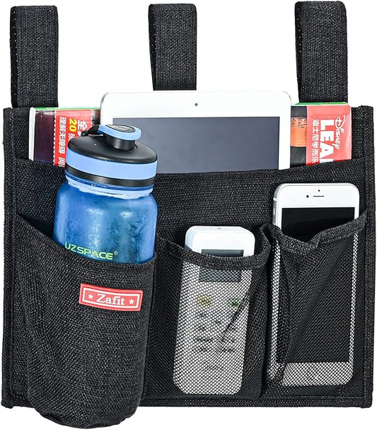 Zafit Linen Bedside Caddy, Bedside Storage Organizer for Hospital Beds, College Dorm Rooms or Baby Bed (4 Pockets-Black)