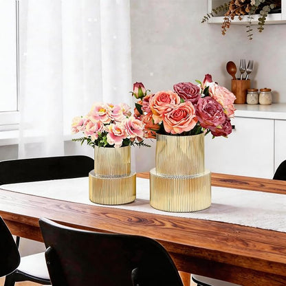 Ribbed Glass Vases for Bouquet, Set of 2 Gold Vases for Flowers, Gold Glass Vase for Tulips, Modern Vase for Living Room, Office, Coffe Table, Dining Table, Shelf, Wedding