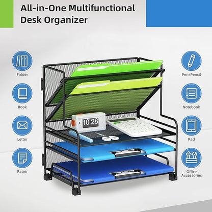 4-Tier Paper Organizer + 3-Pocket File Holder, Desktop File Organizers Paper Tray for Office School Classroom Workspace Organization (Black Desk Organizer, No Drawer & No Pen Holder)