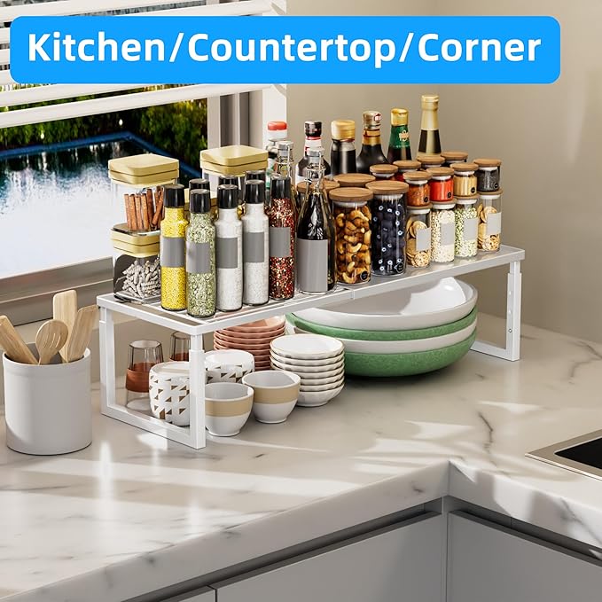 Shelf Organizer Stackable 2 Pack: Expandable (15.8"-25.5") Spice Rack Height Adjustable(6.2"/7.3"/8.5") Kitchen Organizer Countertop Metal Shelves for Pantry Storage White