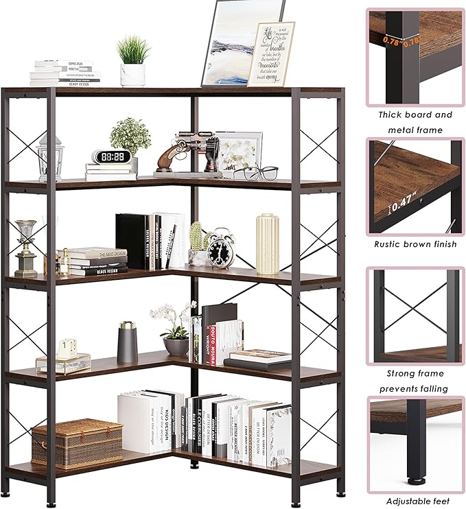 Jartoil Corner Bookshelves and Bookcases Industrial Corner Etagere Bookcase L Shaped Shelf 5-Tiers with Metal Frame for Living Room Home Office