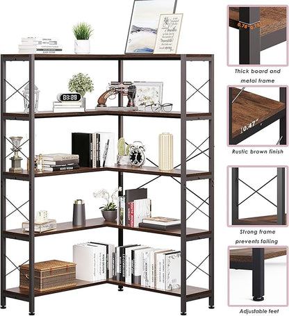 Wildhome 5-Shelf Corner Bookshelf, Vintage Industrial L-Shaped Bookshelf Etagere Bookcase, Large Book Shelf with Metal Frame Open Storage Corner Cabinet (Retro Brown-5 Shelf)