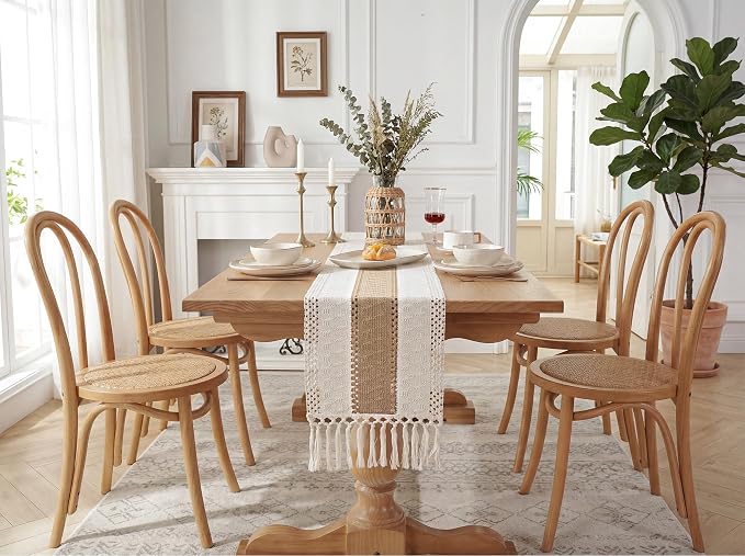 FEXIA Boho Table Runner for Summer Home Coffee Decor with Tassels 60 Inches Long Farmhouse Rustic Table Cloth Cream & Brown Macrame for Kitchen Dining Bedroom Decor Bridal Shower (12x60 Inches)