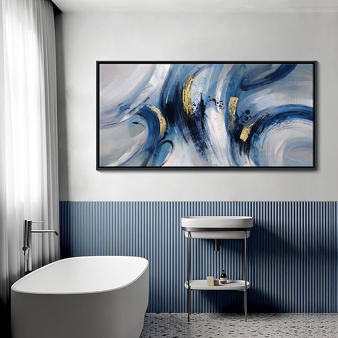 Abstract Line Art Framed Canvas - Modern Blue and Grey, Large 24x48 Inches, Minimalist Bedroom & Living Room Art, Ready to Hang