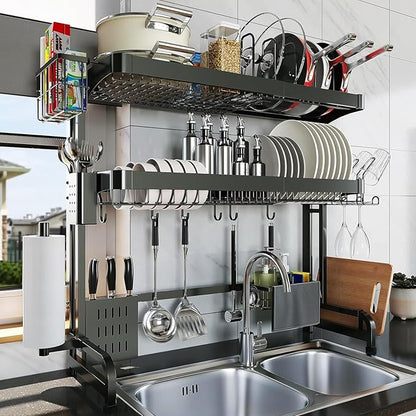 Over The Sink Dish Drying Rack,3 Tier Adjustable Length Full Stainless Steel Large Storage Kitchen Dish Rack,for Kitchen Counter Expandable Multifunctional Organizers,Silver (25.5'' to 37.6'')
