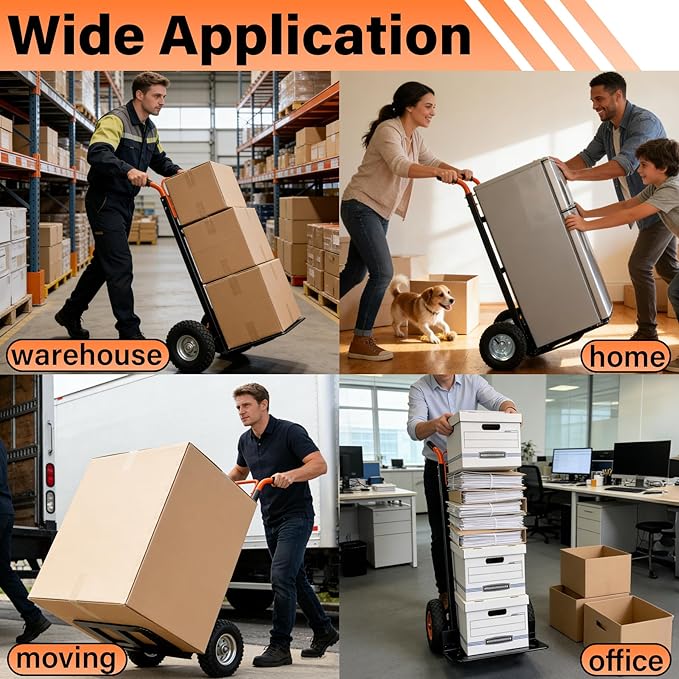 Hand Truck Heavy Duty, 550Lb Capacity Dolly Cart with 10in Rubber Inflatable Wheels, Industrial Trolley with 18in Wide Nose Plate, Moving Dolly for Warehouses, Offices, Homes, Delivery and Workshop