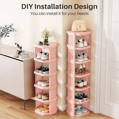 Kitstorack 5-Tier Vertical Plastic Shoe Rack, Freestanding Stackable Shoe Storage Organizer Cubes Shoe Shelf Tower or Small Closets and Tight Spaces, Pink