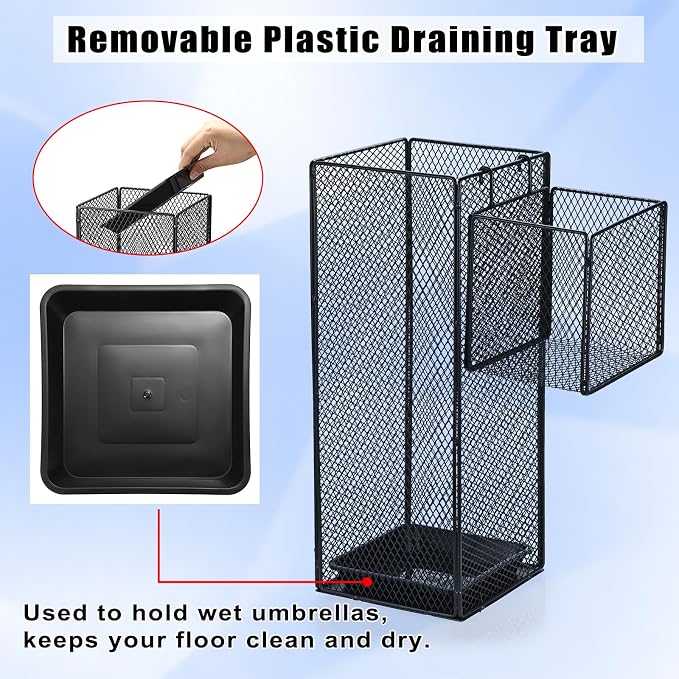 OwnMy Metal Umbrella Holder for Entryway, Indoor Umbrella Stand for Entryway with Small Basket and Draining Tray, Modern Umbrella Storage Stand Rack for Home Office Hotel Entrance, 16.5" Height