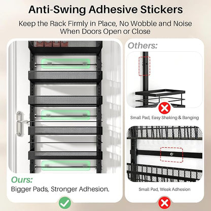 SNTD 8 Tiers Over the Door Organizer - Height Adjustable Pantry Organizers and Storage with Dense Mesh Baskets, Anti-Swing Hanging Door Spice Rack for Kitchen Bathroom (Black, 17" W x 6" D x 69" H)