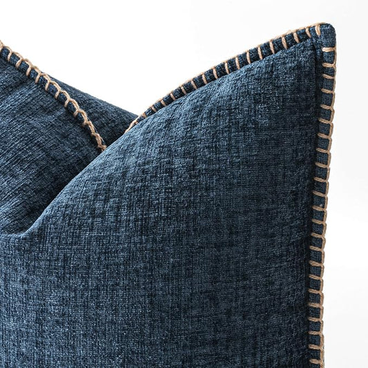 MIULEE Pack of 2 Couch Throw Pillow Covers 18x18 Inch Dark Blue Farmhouse Decorative Pillow Covers with Stitched Edge Soft Chenille Solid Dyed Pillow Covers for Sofa Bed Living Room