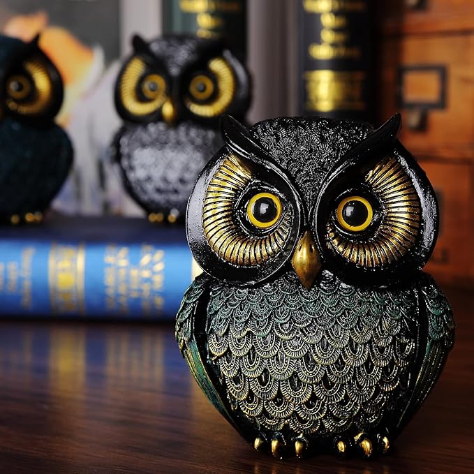 Artpaul Owl Statue Home Decor - Small Figurines for Shelves, Office, Living Room - Decorations and Gifts for Owl Lovers (Black-Green)