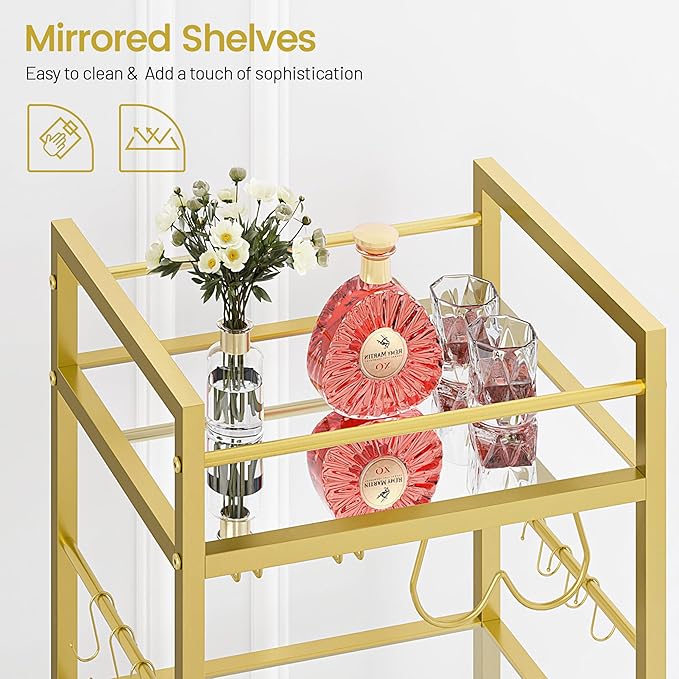 Bar Cart, Serving Cart for Home, Microwave Cart, Drink Cart, Mobile Kitchen Shelf with Wine Rack and Glass Holder, Rolling Beverage Cart for Dining Room, Gold