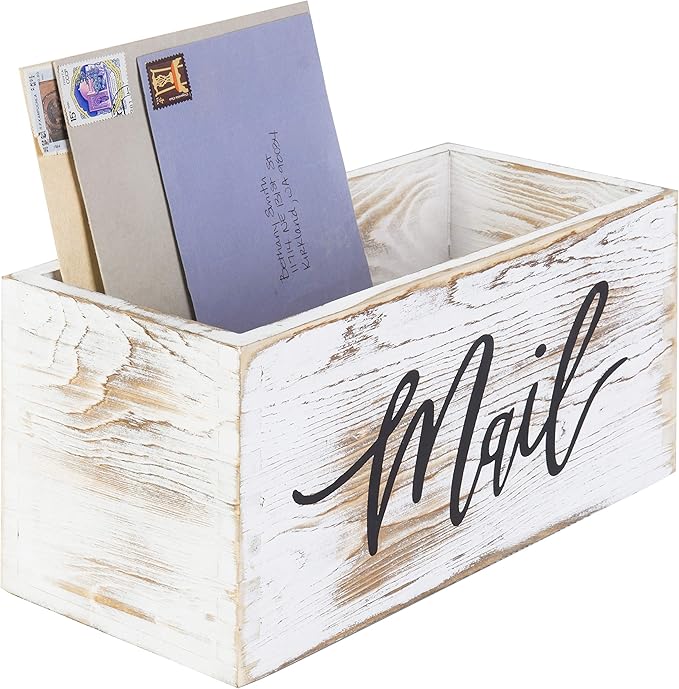 MyGift Mail Holder Storage Organizer Box Whitewashed Wood with MAIL Script Design, Desktop Letters, Bills, Notes and Postcard Bin for Home Office Dorm Room
