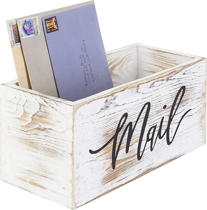 MyGift Mail Holder Storage Organizer Box Whitewashed Wood with MAIL Script Design, Desktop Letters, Bills, Notes and Postcard Bin for Home Office Dorm Room