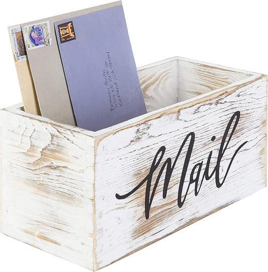 MyGift Mail Holder Storage Organizer Box Whitewashed Wood with MAIL Script Design, Desktop Letters, Bills, Notes and Postcard Bin for Home Office Dorm Room