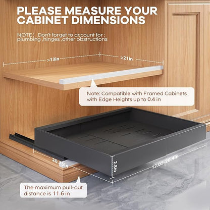 Seinloes 2Pack Expandable Pull Out Cabinet Organizer 21"Deep with Raising Pad for Framed Cabinets, Upgrade 3 Slide Rails Slide Out Drawers, Roll Out Shelves Adhesive,Adjustable Width 12.05"-20.4"Black
