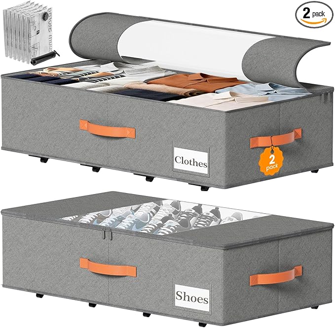 TOSKING 2-Pack Under Bed Storage Drawers with Wheels, 6 Vacuum Bags, 7.9" Height, Large 65L/80 lbs Clear Lid Rolling Bin, 900D Oxford, Space Saver for Dorm Bedroom, Blankets, Clothes, Shoes, Gray
