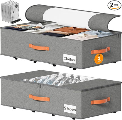 TOSKING 2-Pack Under Bed Storage Drawers with Wheels, 6 Vacuum Bags, 7.9" Height, Large 65L/80 lbs Clear Lid Rolling Bin, 900D Oxford, Space Saver for Dorm Bedroom, Blankets, Clothes, Shoes, Gray