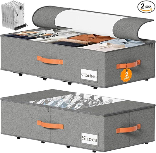 TOSKING 2-Pack Under Bed Storage Drawers with Wheels, 6 Vacuum Bags, 7.9" Height, Large 65L/80 lbs Clear Lid Rolling Bin, 900D Oxford, Space Saver for Dorm Bedroom, Blankets, Clothes, Shoes, Gray