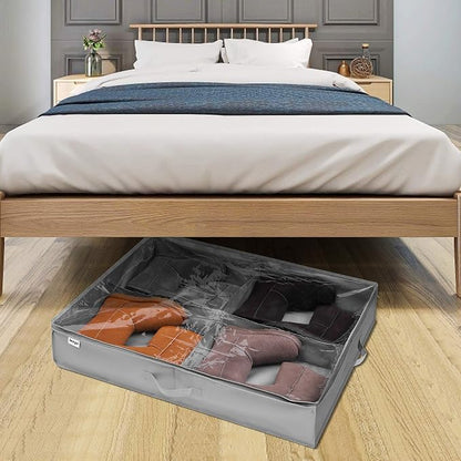 Under Bed Shoe Storage Organizer Set of 2, Fits 16+4 Pairs Boots Total, Underbed Shoe Box Storage Containers w/ Reinforced Handles, Clear Foldable Shoes Organizer Adjustable Dividers w/ Bottom Support