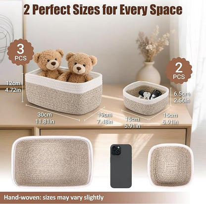 5-Pack Small Woven Rope Storage Baskets – 2 Sizes Organizer Bins for Closet, Shelf, Bookshelf, Nursery, Changing Table, Fabric Cube Boxes, Rectangular Shallow Bins for Bathroom, Toy & Home