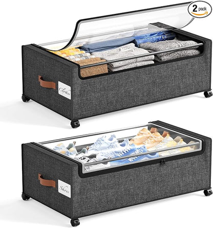 Yecaye 95 L Under Bed Storage with Wheels, 11 in Under Bed Storage Containers, Large Under Bed Shoe Storage with Lids, Rolling Underbed Storage bins for Clothes, Blankets, Gray