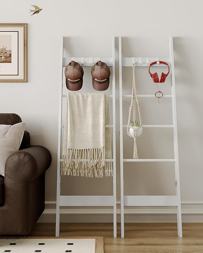 Hzuaneri Blanket Ladder for Living Room, Decorative Quilt Rack with 4 Removable Hooks, 5-Tier Farmhouse Ladder Holder Shelf Organizer for Bedroom, White BR02113W