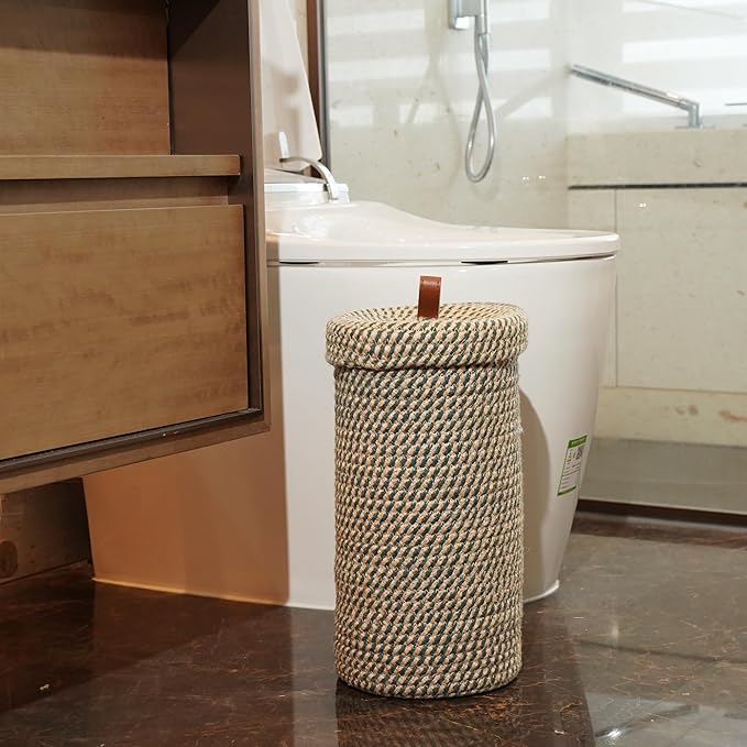 Handmade Cotton & Jute Toilet Paper Holder – Woven Toilet Paper Stand & Storage Basket with Lid, Freestanding Organizer for Bathroom, Fits 3 Rolls Green